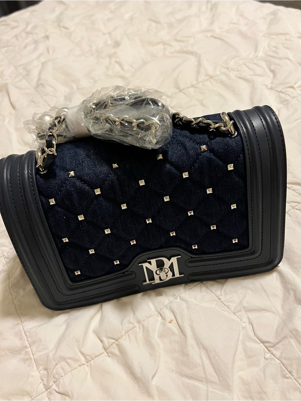Badgley Mischka Navy Quilted Studded Chain Crossbody Bag